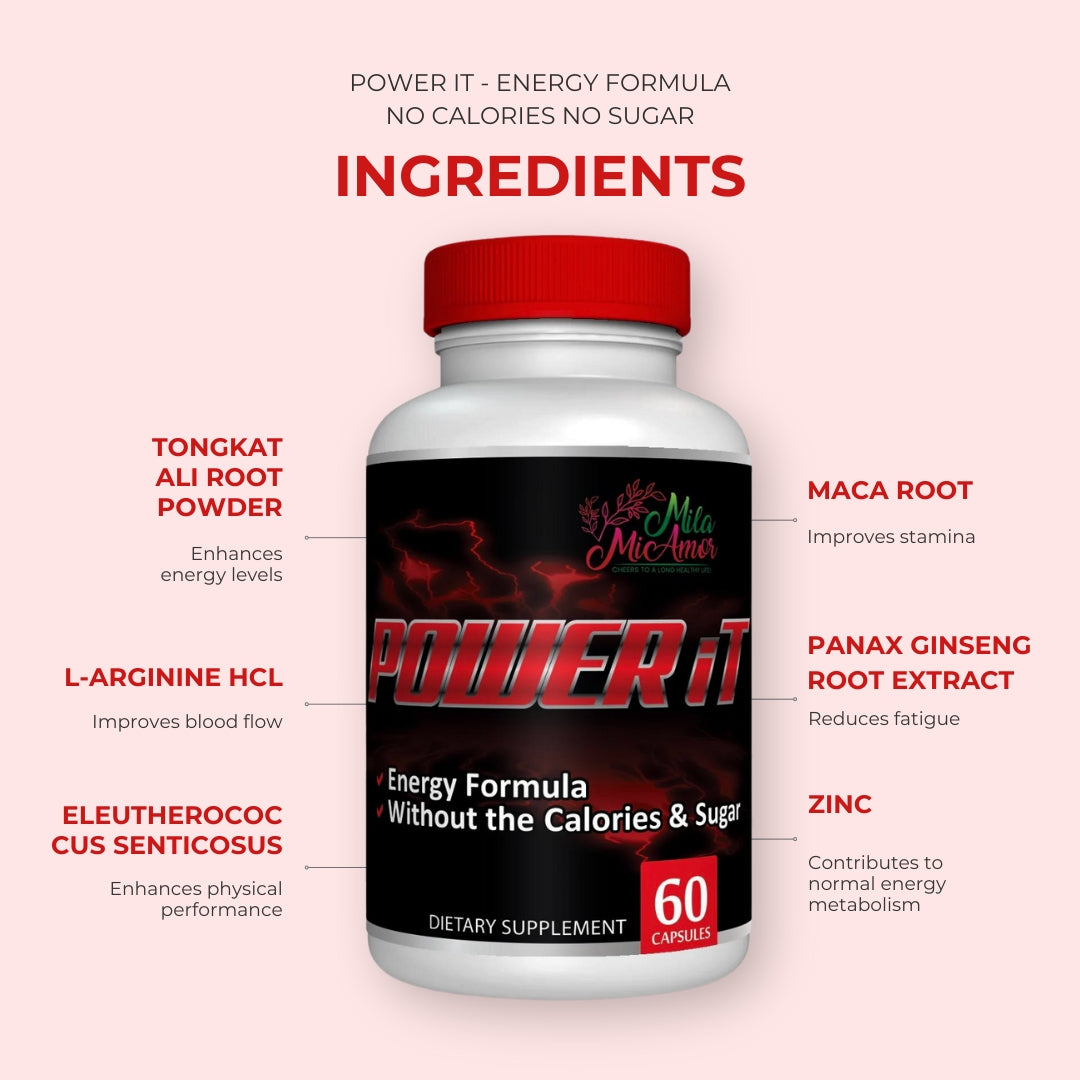 Power It | Energy Formula | No Added Sugar and Calories | Advanced Formula with Tongkat Ali Maca Root, Panax Ginseng, L-Arginine | Made in USA | 60 Capsules