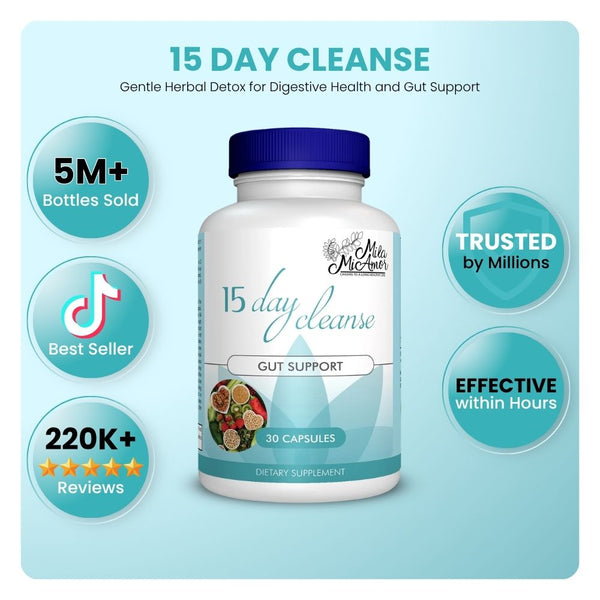 Mila MiAmor 15-Day Cleanse gut support supplement, TikTok best seller, 220K reviews, and 5M sold.