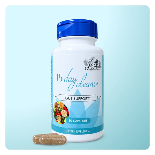 Mila MiAmor 15-Day Cleanse gut support supplement. 30-capsule bottle with two capsules on a light blue background.