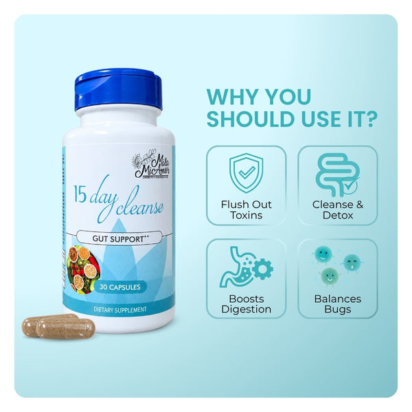 Mila MiAmor 15-Day Cleanse bottle showing benefits: detox, digestion boost, and gut balance.