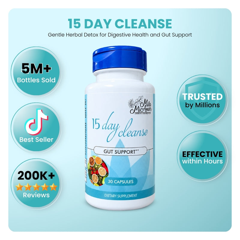 Mila MiAmor 15-Day Cleanse gut support supplement, TikTok best seller, 220K reviews, and 5M sold.