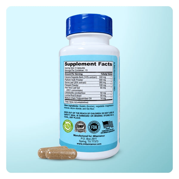 Back of Mila MiAmor 15-Day Cleanse bottle showing the official Supplement Facts label and ingredient amounts.