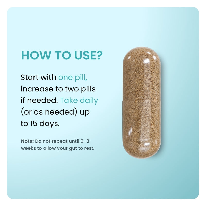 Mila MiAmor 15-Day Cleanse instructions. Close-up of herbal capsule with daily dosage and usage guidelines.