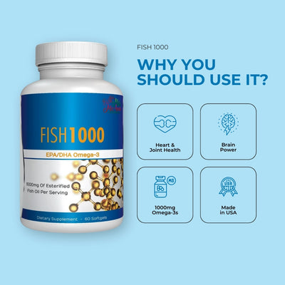 Fish 1000 | EPA, DHA, Omega-3 | 1000 mg Fish Oil - 60 Softgels | Support Heart, Joints, Cognitive Function, Blood Pressure | Made in USA