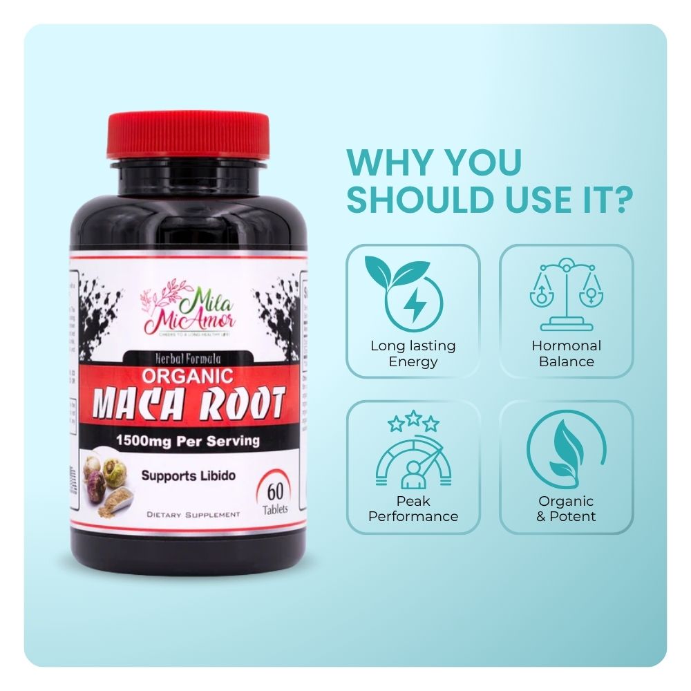 Raíz de maca orgánica | Impulso de energía sostenido | Apoyo a un rendimiento máximo para hombres y mujeres | Mantener niveles de hormonas saludables | 1500 mg - 60 tabletas