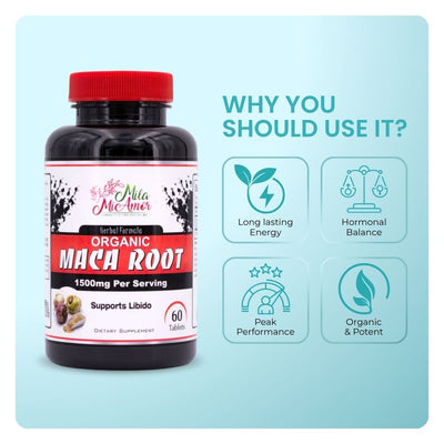 Raíz de maca orgánica | Impulso de energía sostenido | Apoyo a un rendimiento máximo para hombres y mujeres | Mantener niveles de hormonas saludables | 1500 mg - 60 tabletas