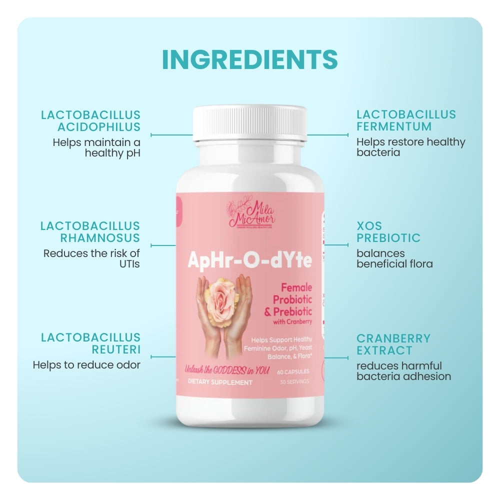 ApHr-O-dYte Female Probiotic & Prebiotic with Cranberry | Gluten Free | Vegan | Non-GMO | 60 capsules