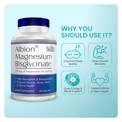 Albion® Magnesium Bisglycinate | Highly Absorbable Chelated Magnesium for Muscle, Sleep & Energy Support | 200 mg per Serving | 60 Capsules