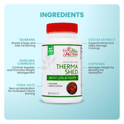 Terma cobertizo quemador de grasa | Suplemento para bajar de peso con Garcinia Cambogia, quitosano y yerba Mate | No GMO | 60 tabletas
