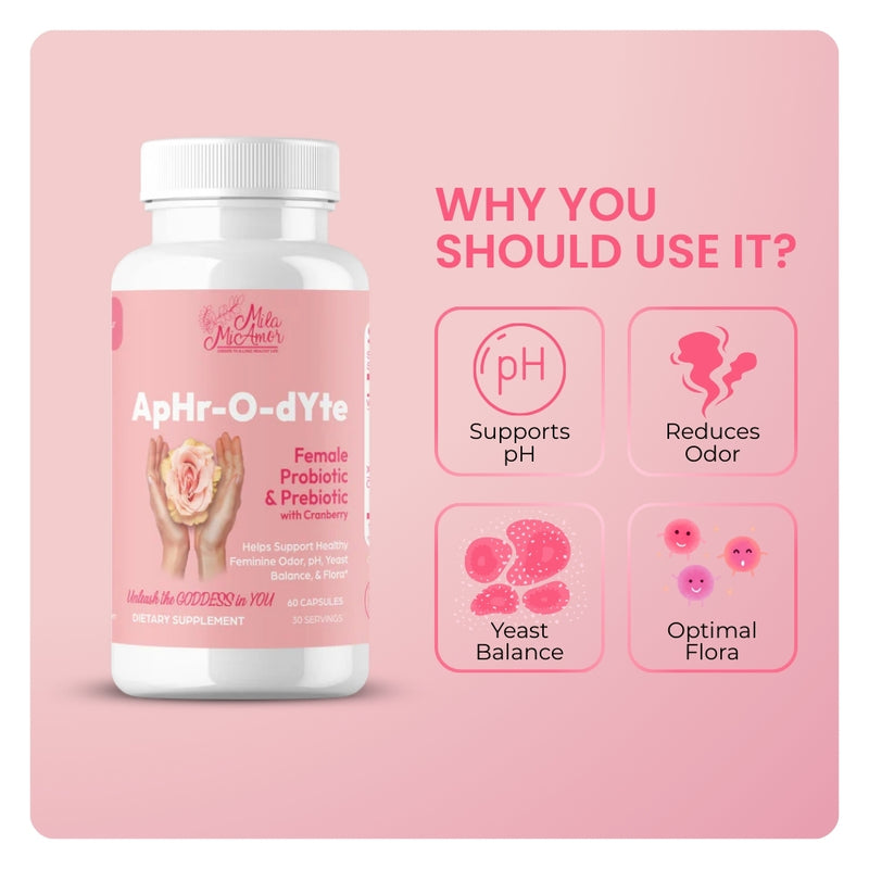 Mila MiAmor ApHr-O-dYte bottle showing benefits: pH support, odor reduction, yeast balance, and optimal flora.