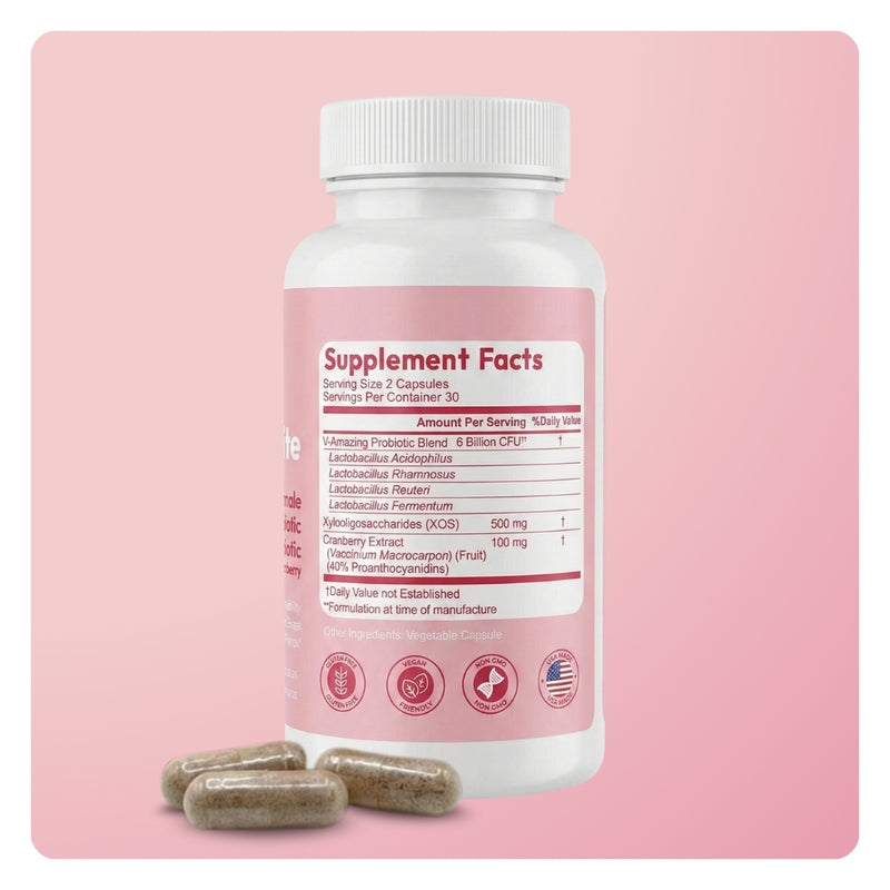Back of ApHr-O-dYte bottle displaying Supplement Facts label with 6 Billion CFU probiotic blend and cranberry.