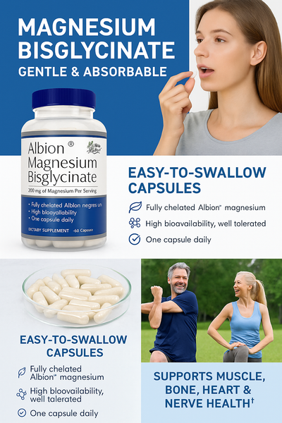 Albion® Magnesium Bisglycinate | Highly Absorbable Chelated Magnesium for Muscle, Sleep & Energy Support | 200 mg per Serving | 60 Capsules