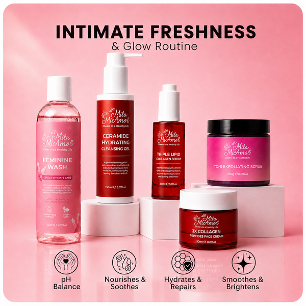 Mila MiAmor Intimate Freshness & Glow Routine with Feminine Wash, Ceramide Hydrating Cleansing Gel, Triple Lipid Collagen Serum, Yoni Exfoliating Scrub, and 3X Collagen Peptides Face Cream for pH balance, soothing, hydration, repair, and brightening.