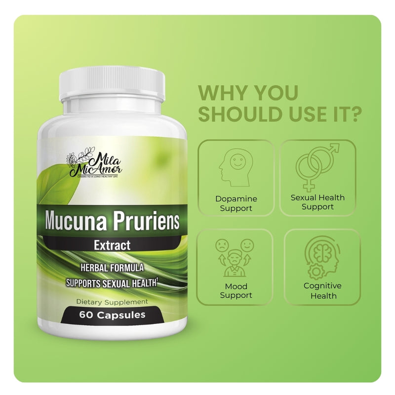 Mila MiAmor Mucuna Pruriens bottle showing benefits: dopamine, sexual health, mood, and cognitive support.
