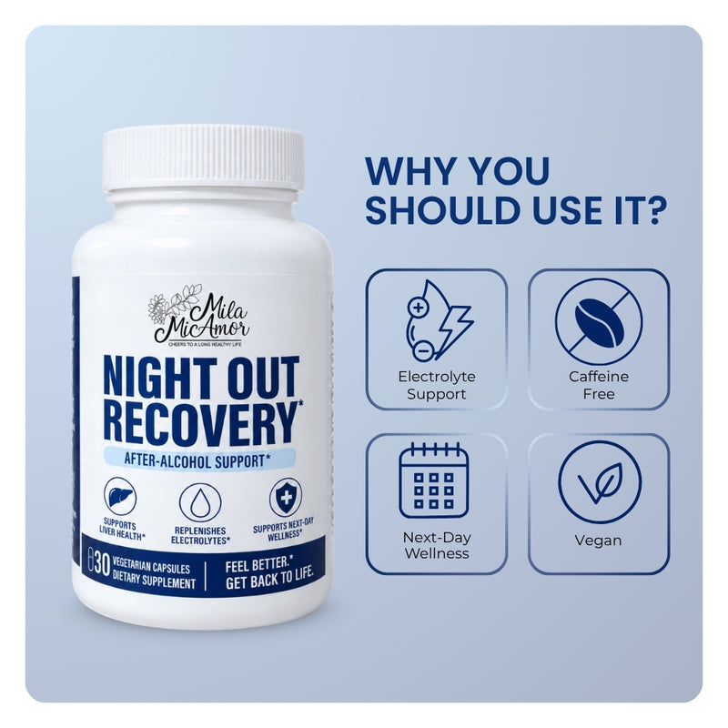 Infographic showing Night Out Recovery bottle beside four benefit icons: electrolytes, caffeine-free, wellness, and vegan.