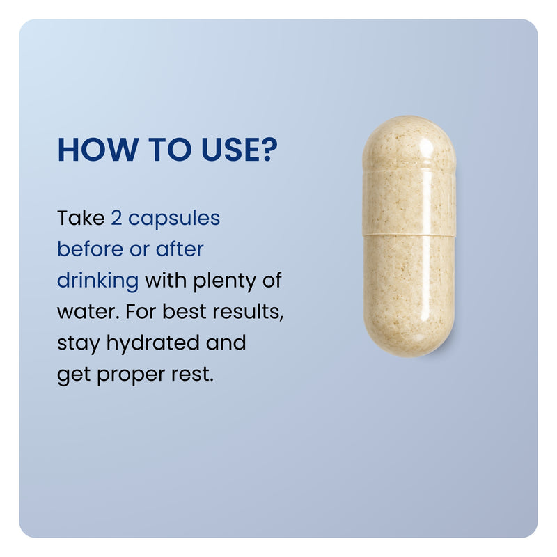 Directions graphic showing single capsule with text to take 2 capsules before or after drinking with water