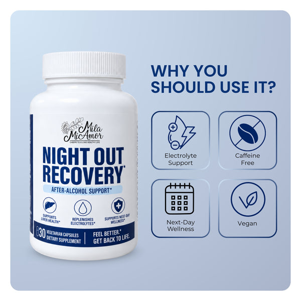 Milamiamor Night Out Recovery – After-Alcohol Support Supplement – Electrolyte Replenishment, Liver Health & Next-Day Wellness Support – 30 Vegetarian Capsules