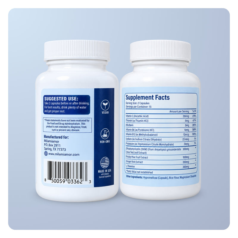 Two white supplement bottles displaying suggested use instructions, company details, and full Supplement Facts label