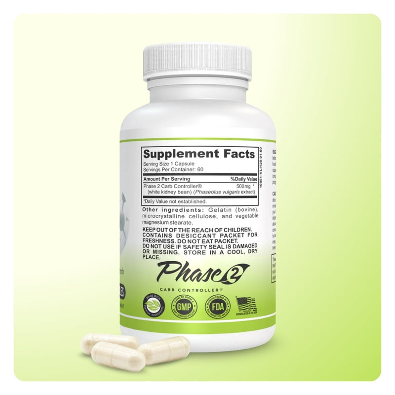 Back of Starch Blocker bottle showing Supplement Facts label with 500mg Phase 2 Carb Controller white kidney bean extract.