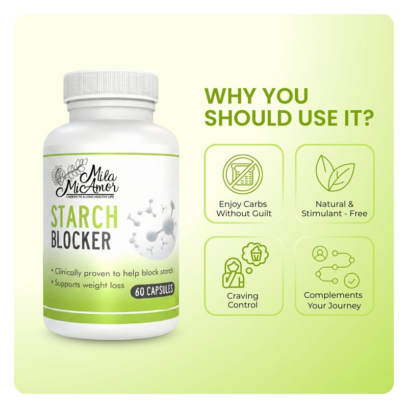Mila MiAmor Starch Blocker bottle showing benefits: enjoy carbs without guilt, craving control, and stimulant-free.