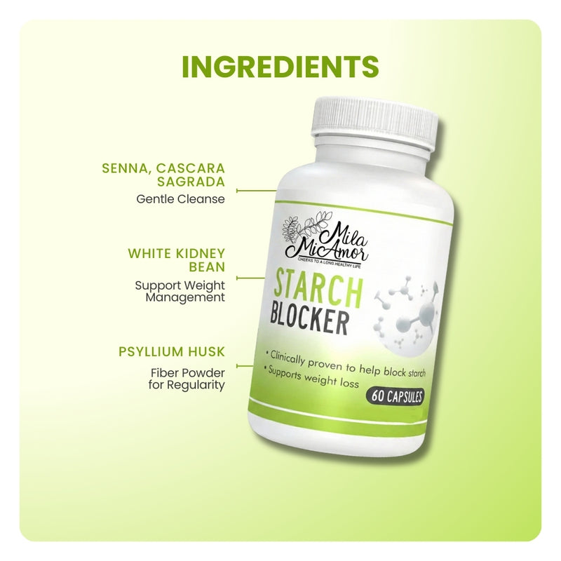 Starch Blocker ingredient graphic highlighting White Kidney Bean, Psyllium Husk, and Senna to support weight management.
