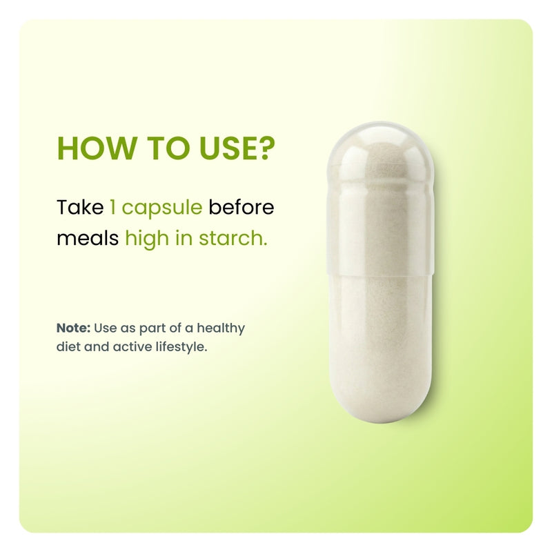 Starch Blocker dosage instructions. Close-up of a white capsule directing to take 1 capsule before meals high in starch.