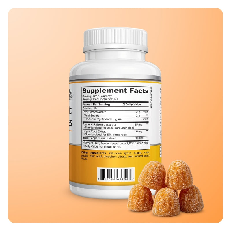 Back of Mila MiAmor Turmeric Gummies bottle showing Supplement Facts label with 125mg turmeric and 8mg ginger.