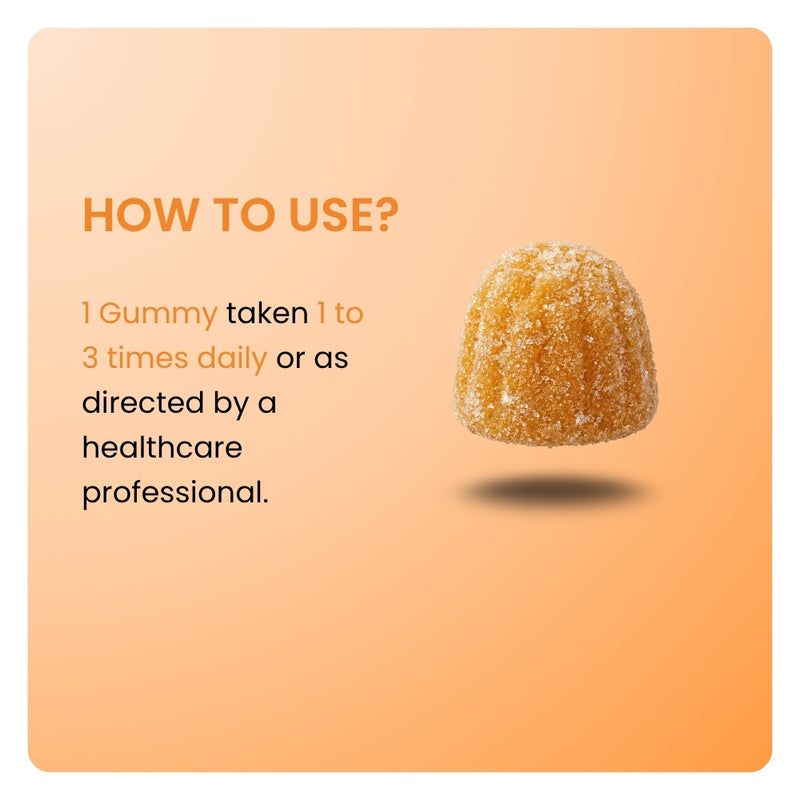 Turmeric Gummies dosage instructions. Close-up of one orange gummy with directions to take 1 gummy 1 to 3 times daily.