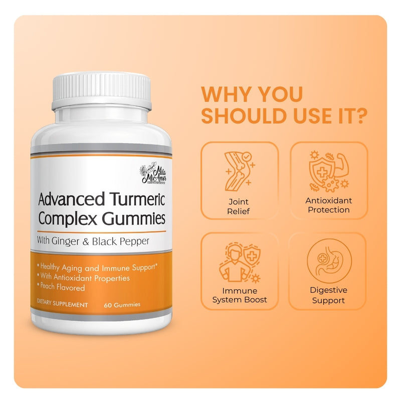 Mila MiAmor Turmeric Gummies bottle showing benefits: joint relief, antioxidant protection, immune and digestive support.