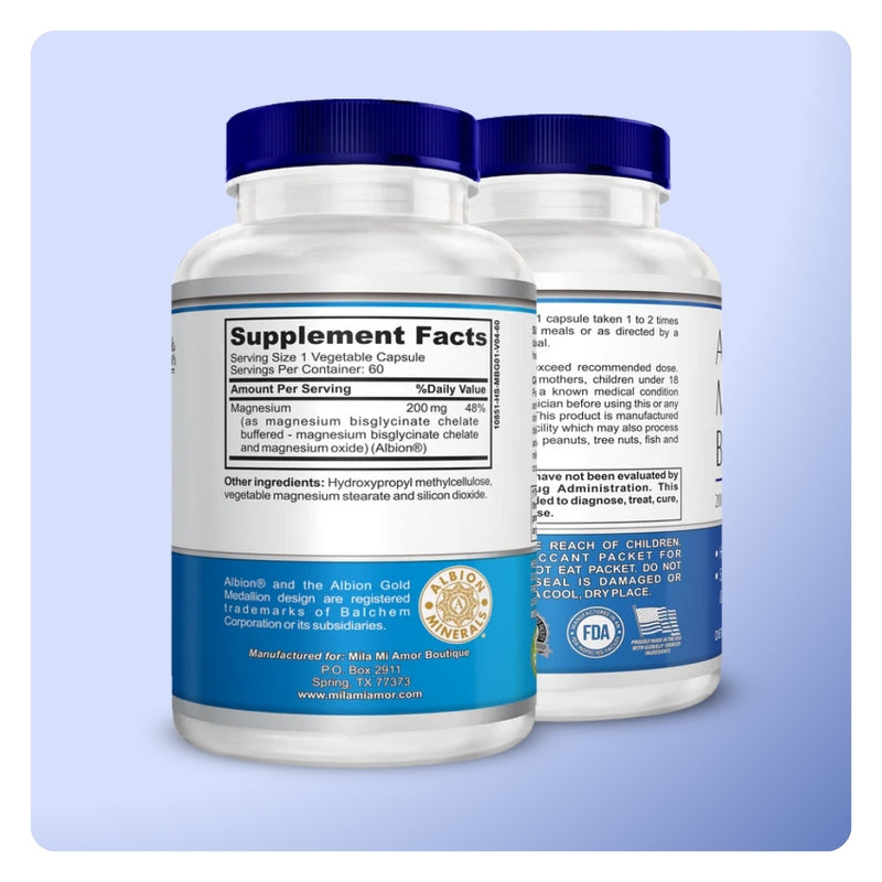 Back of Mila MiAmor Magnesium Bisglycinate bottles displaying Supplement Facts label with 200mg magnesium dosage.