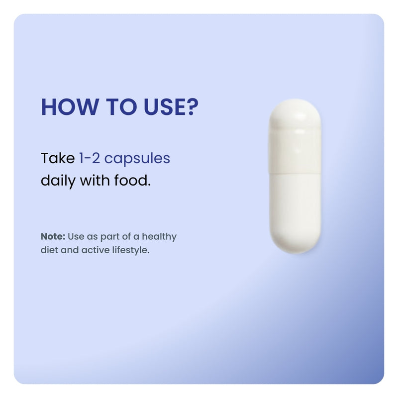 Magnesium Bisglycinate dosage instructions. Close-up of a white capsule with directions to take 1-2 capsules daily.