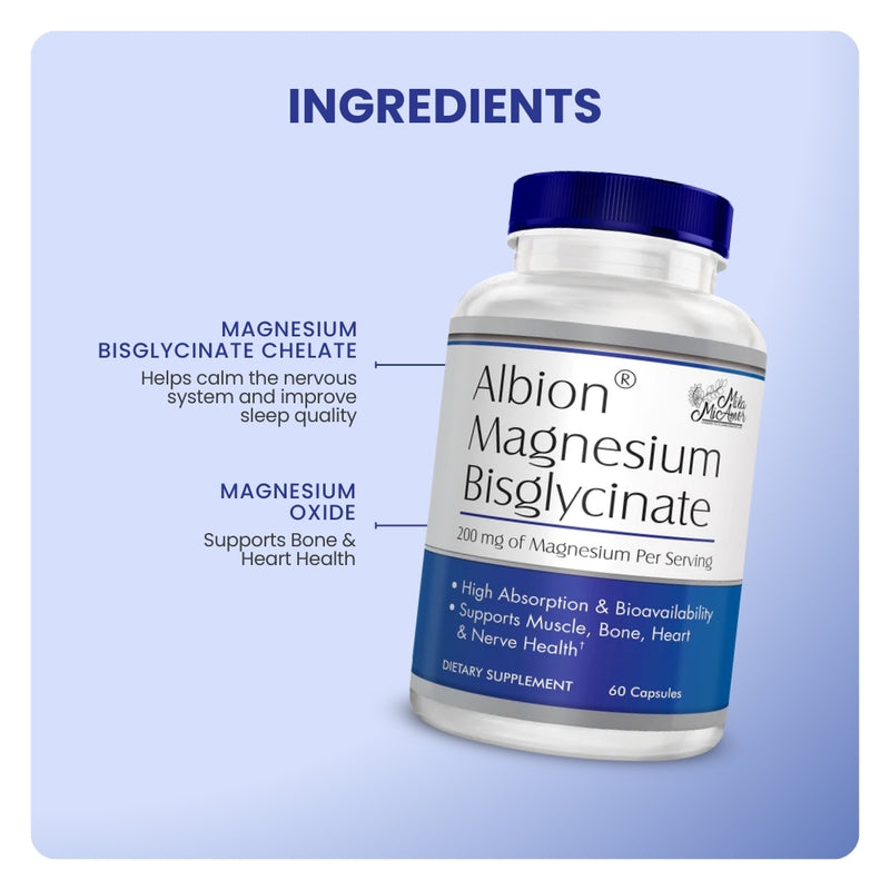 Mila MiAmor Magnesium Bisglycinate graphic highlighting chelate and oxide ingredients for sleep and bone support.