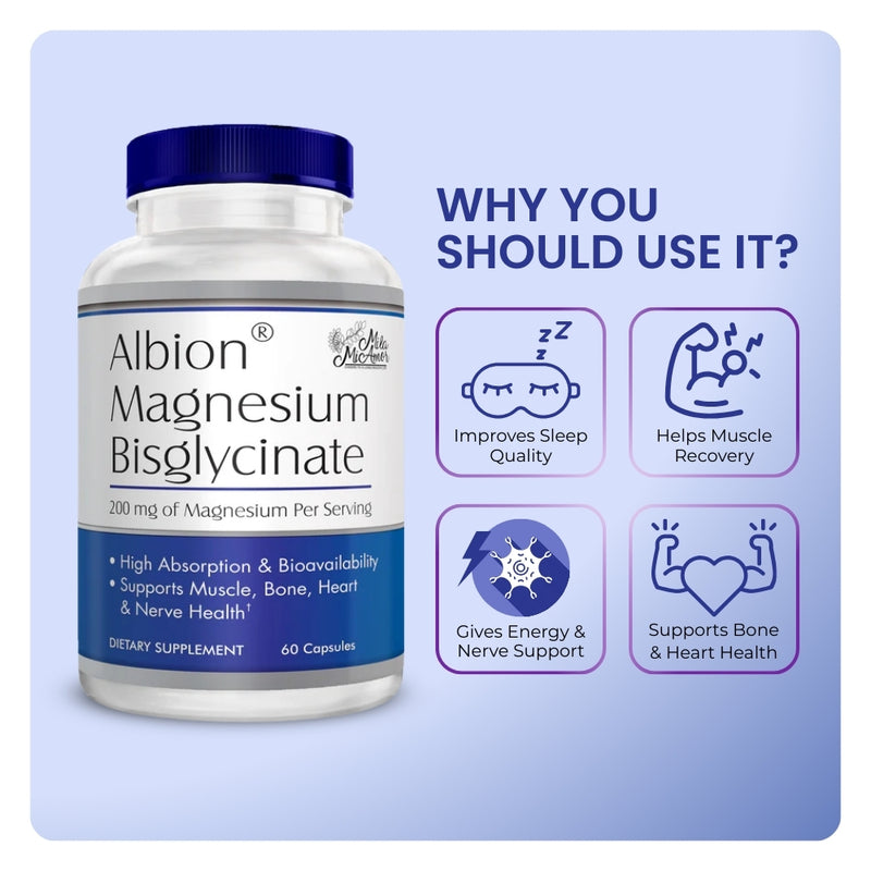 Mila MiAmor Magnesium Bisglycinate bottle showing benefits: sleep quality, muscle recovery, nerve and heart health.