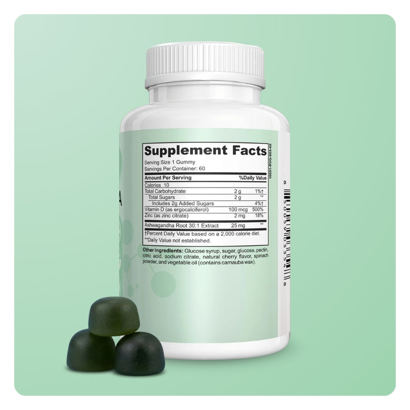Back of Mila MiAmor Ashwagandha bottle displaying Supplement Facts label with 25mg root extract, Vitamin D, and Zinc.