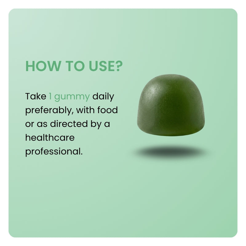 Ashwagandha gummies dosage instructions. Close-up of one dark green gummy with directions to take 1 gummy daily.