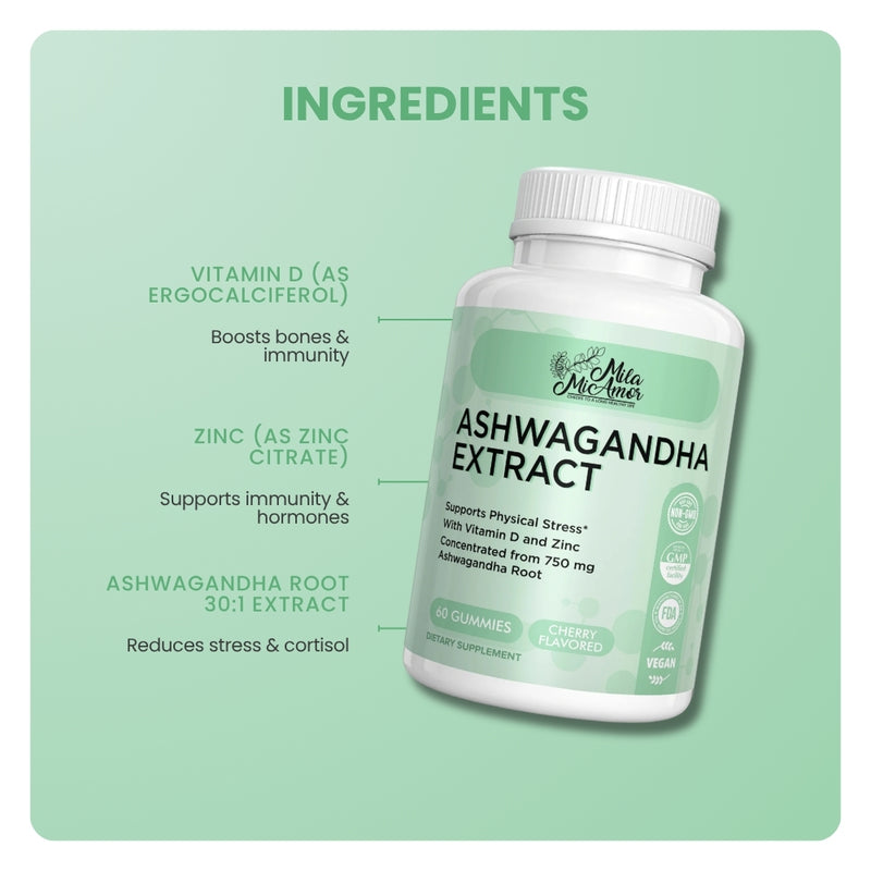 Mila MiAmor Ashwagandha ingredient graphic highlighting 30:1 root extract, Vitamin D, and Zinc for stress relief.