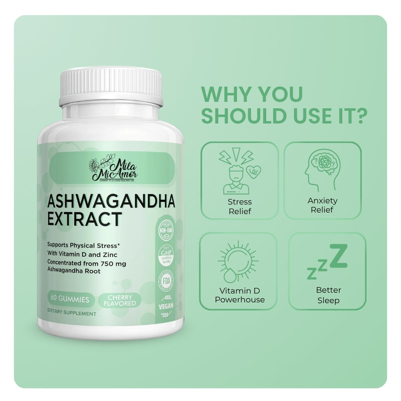 Mila MiAmor Ashwagandha bottle showing benefits: stress relief, anxiety relief, Vitamin D, and better sleep.