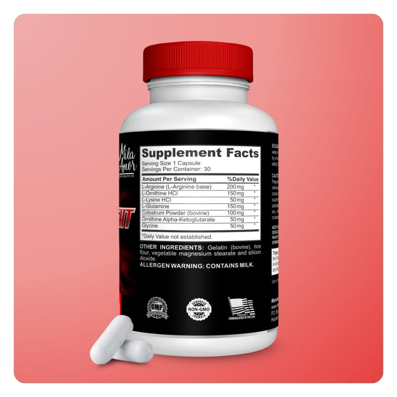 Back of Mila MiAmor Bedtime Weight Loss bottle displaying Supplement Facts label with L-Arginine and L-Glutamine.