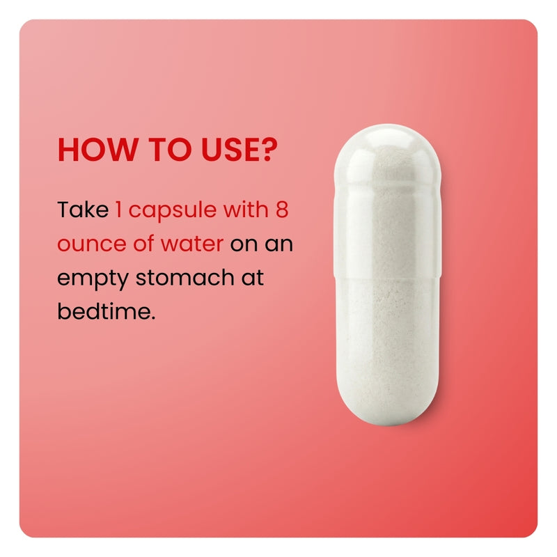 Bedtime Weight Loss dosage instructions. Close-up of a white capsule with directions to take 1 capsule at bedtime.