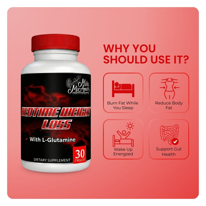 Mila MiAmor Bedtime Weight Loss bottle showing benefits: burn fat while sleeping, reduce body fat, and gut health.