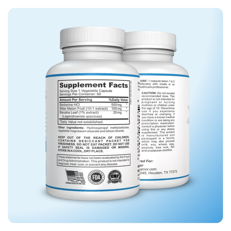 Back of Mila MiAmor Berberine bottles displaying Supplement Facts label with 500mg Berberine HCL dosage.