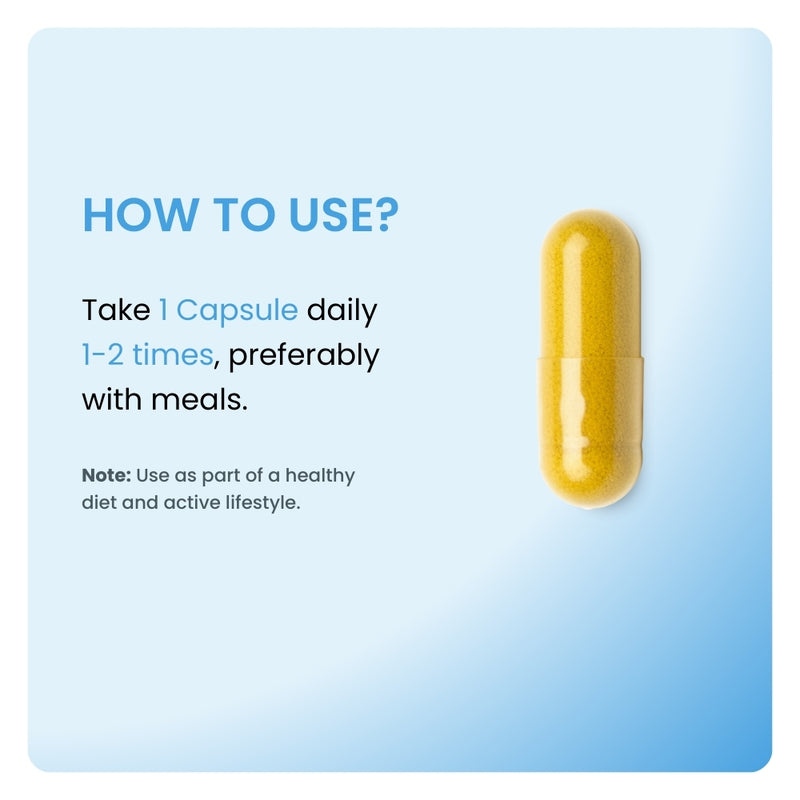 Berberine Complex dosage instructions. Close-up of a yellow capsule with directions to take 1 capsule 1-2 times daily.