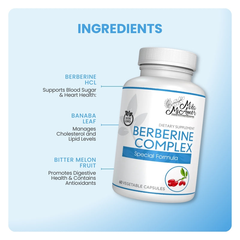 Mila MiAmor Berberine graphic highlighting Berberine HCL, Banaba Leaf, and Bitter Melon Fruit for blood sugar.