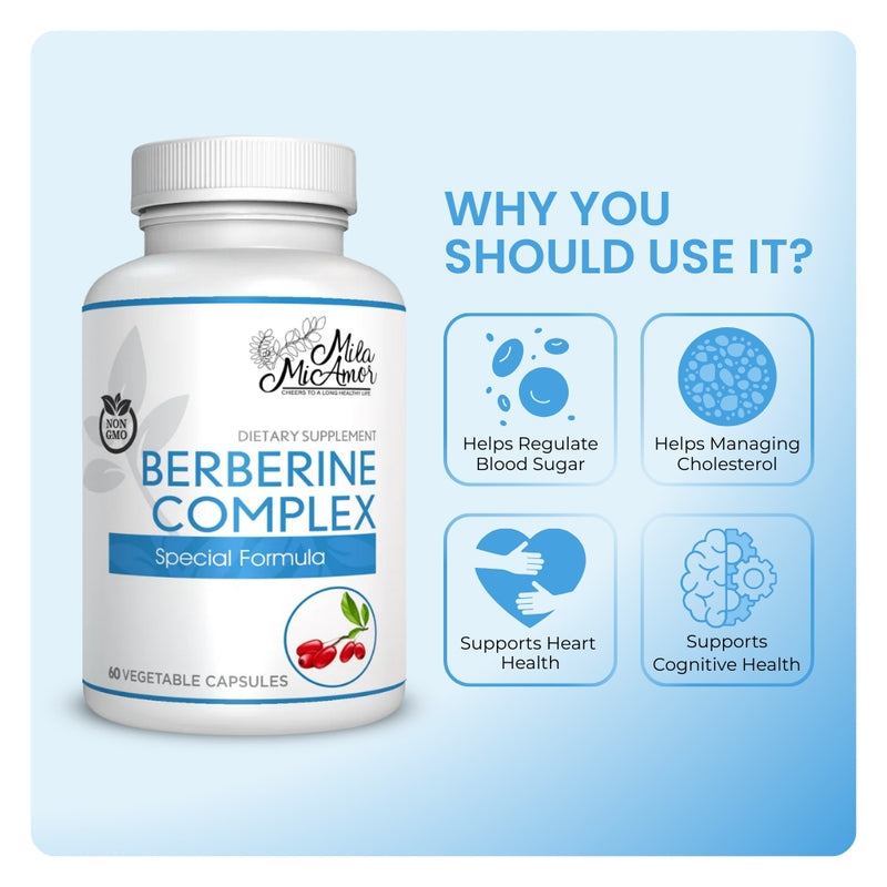Mila MiAmor Berberine bottle showing benefits: blood sugar, cholesterol management, heart and cognitive health.