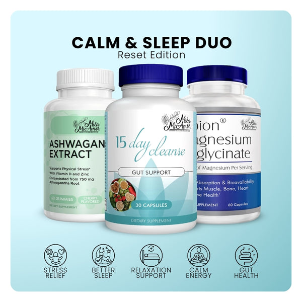 Mila Mi Amor Calm & Sleep Duo Reset Edition with Ashwagandha Extract, 15 Day Cleanse, and Magnesium Glycinate for stress relief, better sleep, relaxation, calm energy, and gut health.