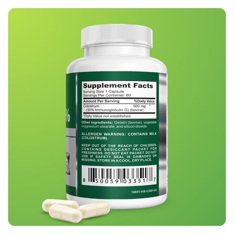 Back of Mila MiAmor Colostrum bottle showing Supplement Facts label with 500mg bovine immunoglobulin G dosage.