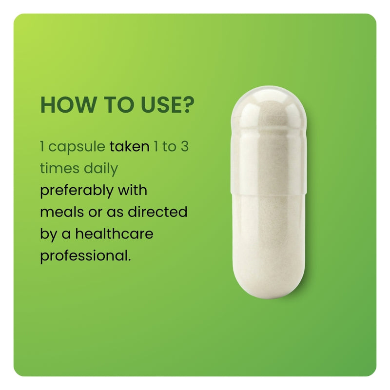 Colostrum dosage instructions. Close-up of one white capsule with directions to take 1 capsule 1 to 3 times daily.