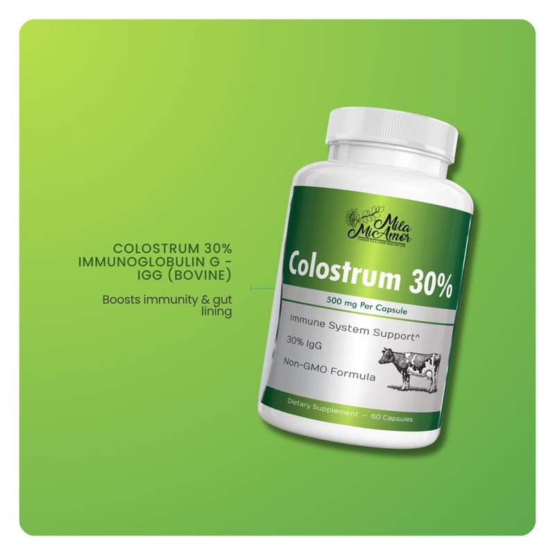 Mila MiAmor Colostrum ingredient graphic highlighting 30% IgG bovine extract to boost immunity and gut lining.