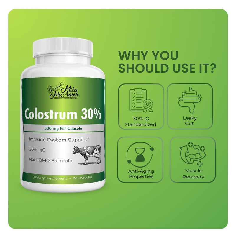 Mila MiAmor Colostrum bottle showing benefits: 30% IG standardized, leaky gut, anti-aging, and muscle recovery.