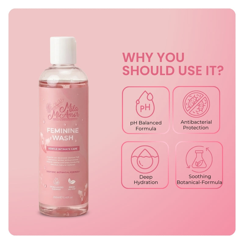 Mila MiAmor Feminine Wash with pH balanced formula, antibacterial protection, deep hydration, and soothing botanical-formula.
